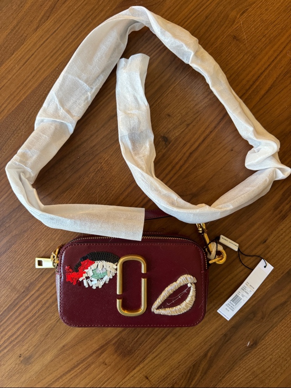 Marc Jacobs Limited Edition Burgundy Snapshot Camera Bag with Sequin Lips & Eye